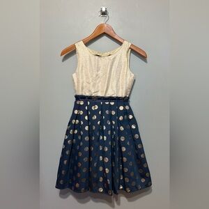 Dorissa, Girl’s Size 10 Elegant Gold and Blue Polka Dot Dress EUC